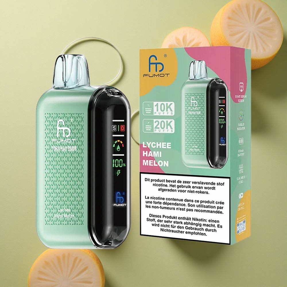 Fumot Tornado 20000 Puffs Liči Hami Meloun Dual Mesh Coil Smart Display