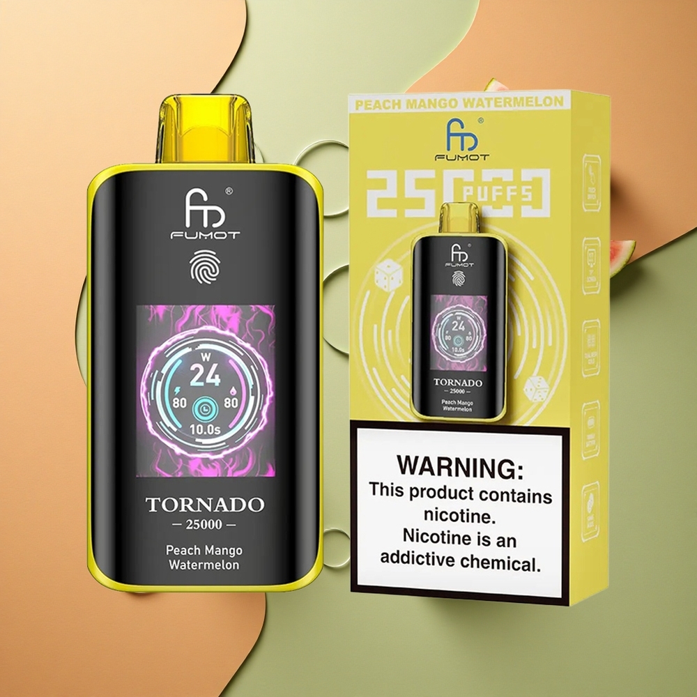 Fumot Tornado 25000 Puffs Broskev Mango Meloun s HD Displejem a 700mAh Baterií