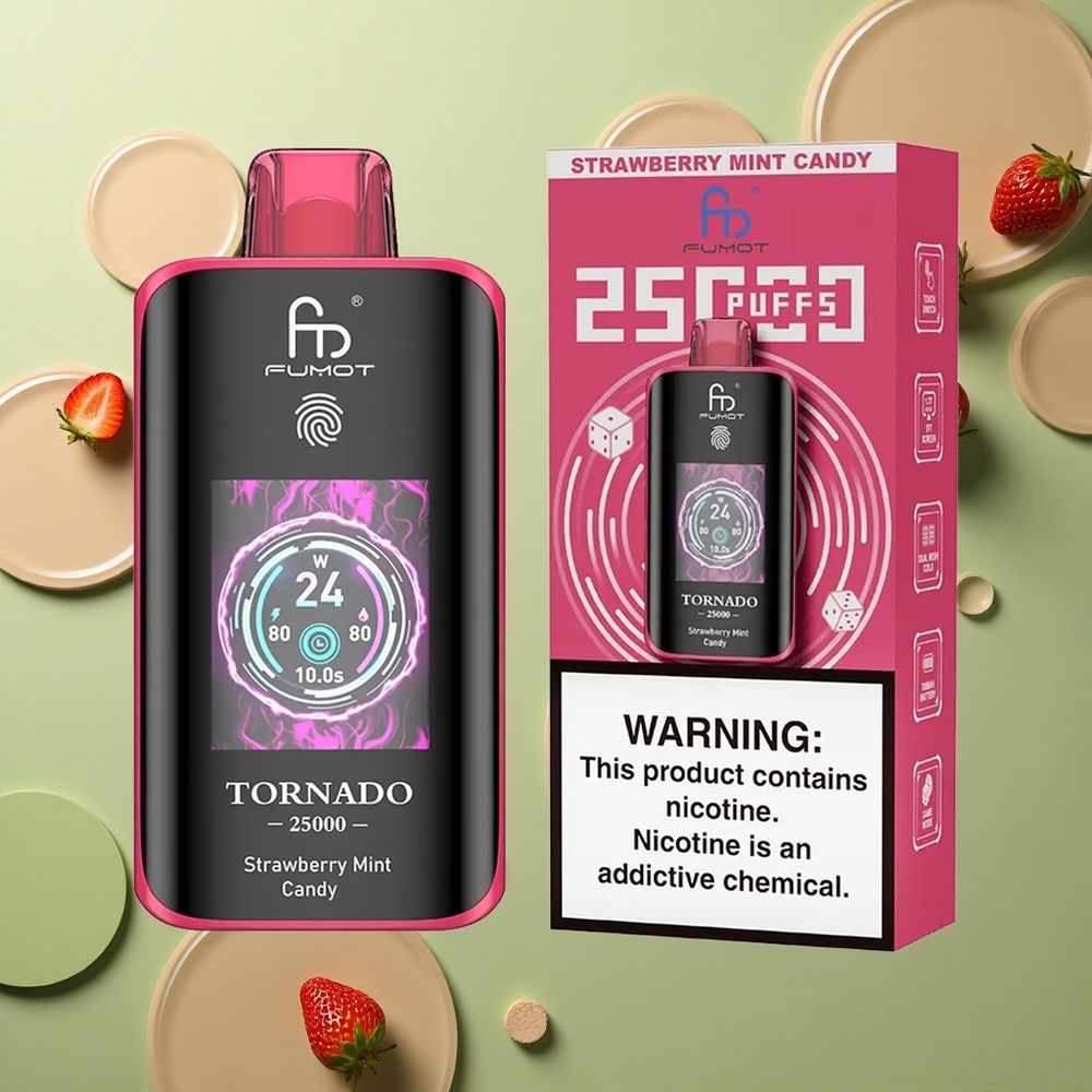 Fumot Tornado 25000 Puffs Jahodová Mátová Cukrovinka s HD Obrazem a 20ml Náplní