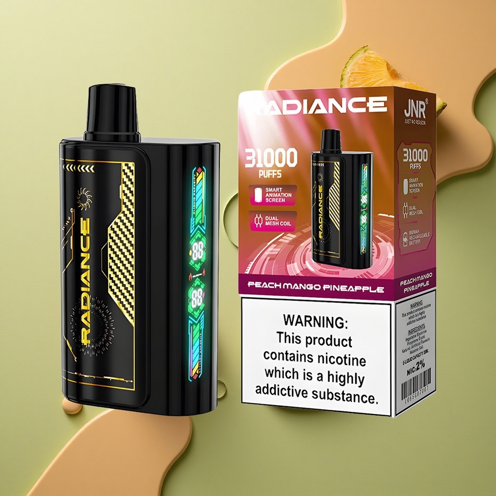 JNR Radiance 31000 Broskev Mango Ananas s 28ml Tekutiny a Duálním Síťovým Vinutím